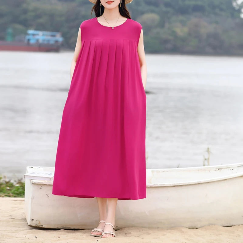 Vintage Dress Women 2025 Summer Casual Loose Long Dresses  Beach Femme Robe Vestidos Fashion Clothing Cotton Sleeveless