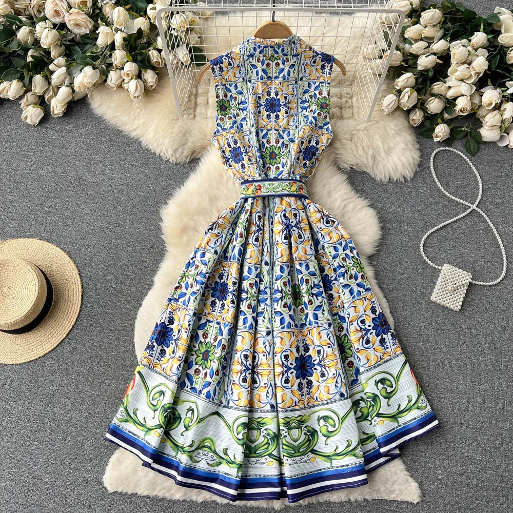 2023 Summer Runway Shirt Dress Women's Notch Collar Sleeveless Blue and White Porcelain Print Lace Up Belt Pleated Midi Dress