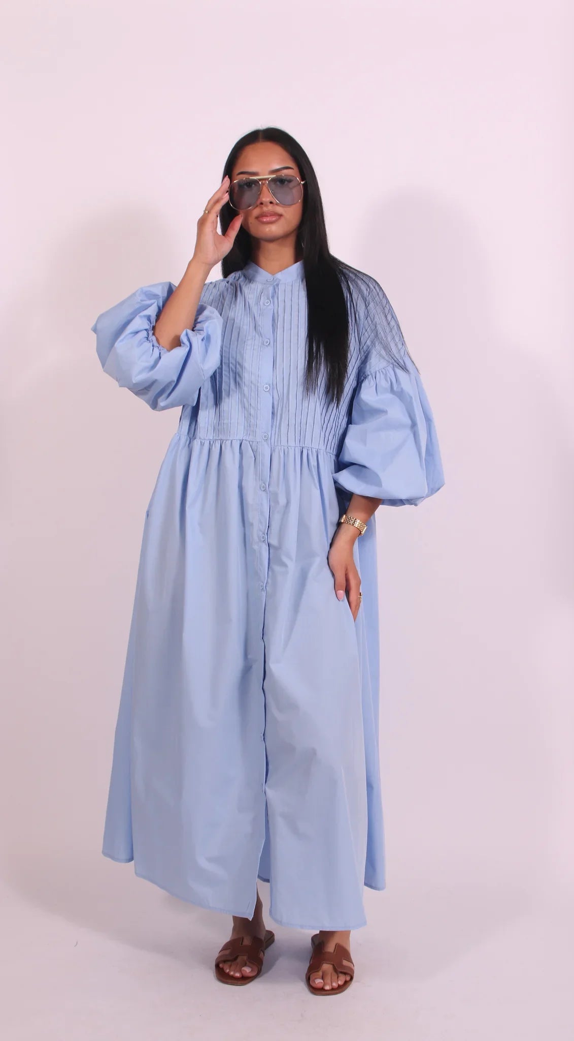 Loose Single Breasted Pleated Long Dress Women Elegant O-neck Lantern Sleeve A-line Party Dresses 2025 Summer Lady Casual Robes