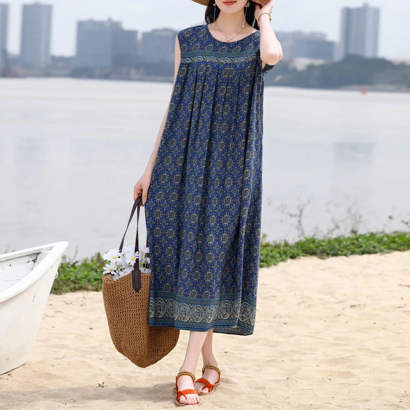 Vintage Dress Women 2025 Summer Casual Loose Long Dresses  Beach Femme Robe Vestidos Fashion Clothing Cotton Sleeveless
