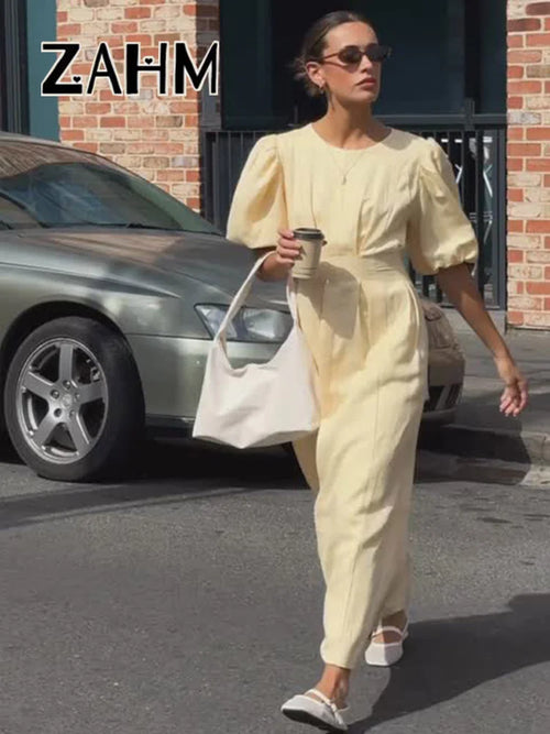 Casual Yellow Short Puff Sleeve Women Dress Loose Solid O-neck Pleated High Waist Female Maxi Dresses 2025 Summer Chic Lady Robe