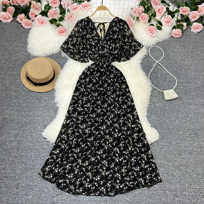 Women Chiffon Floral Long Dress Elegant Korean V Neck Short Sleeve Summer Bohemian Print Beach Dresses For Women Black