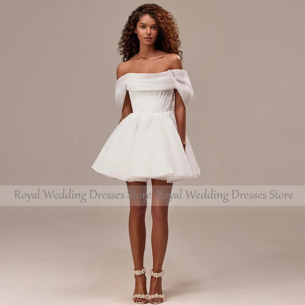 Short Wedding Dress for Bride Off the Shoulder Corset Mini Wedding Gowns White Organza A Line Lace Up Elegant Bridal Dresses