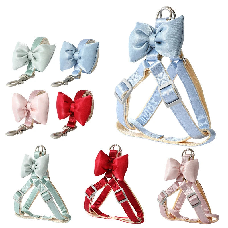 Cute Adjustable Dog Harness Leash Set with Bow for Small Medium Dogs and Cats