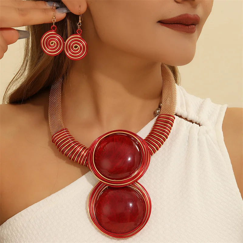 New African Colorful Round Geometry Jewelry Set Aluminium Wire Necklace Earrings Set For Women Party Wedding Dress Gifts