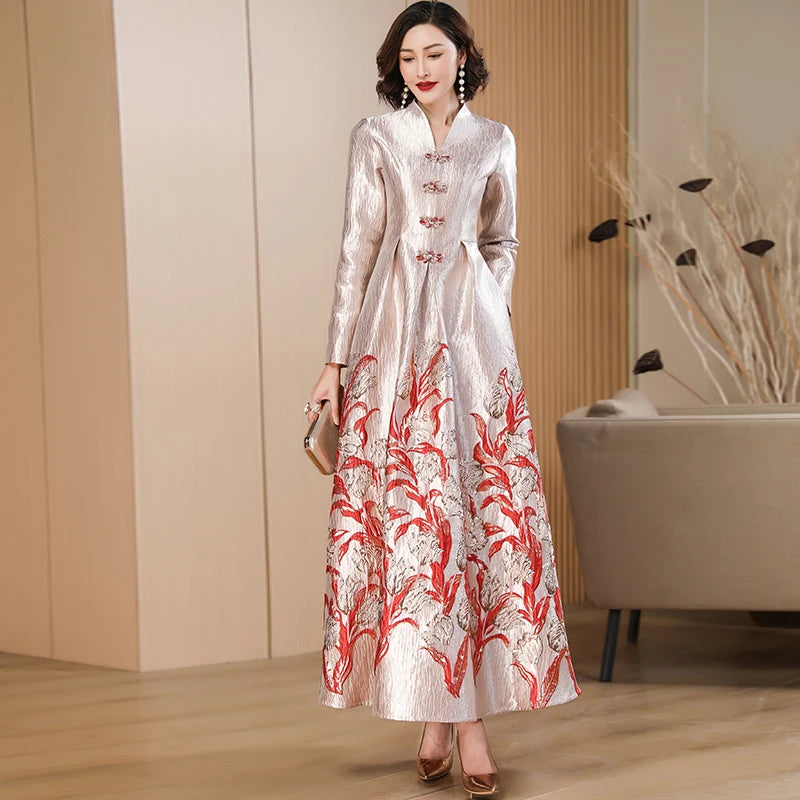 Women Luxury Long Sleeve Jacquard Dress Floral Long Dress Girls Evening Events Party Dress Chinese Style Photograph Vintage