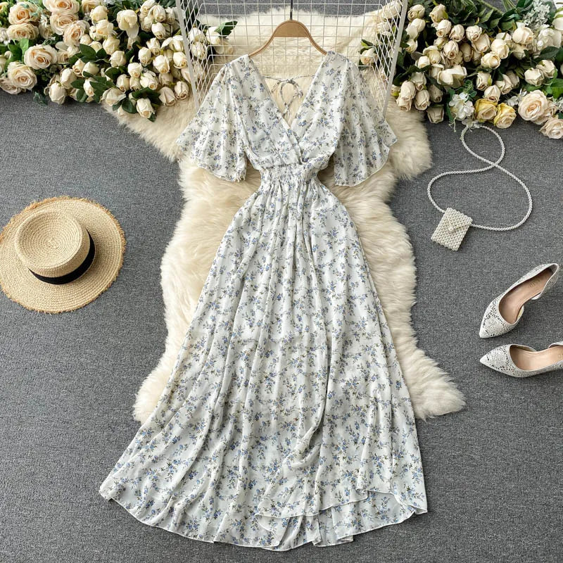 Women Chiffon Floral Long Dress Elegant Korean V Neck Short Sleeve Summer Bohemian Print Beach Dresses For Women Black