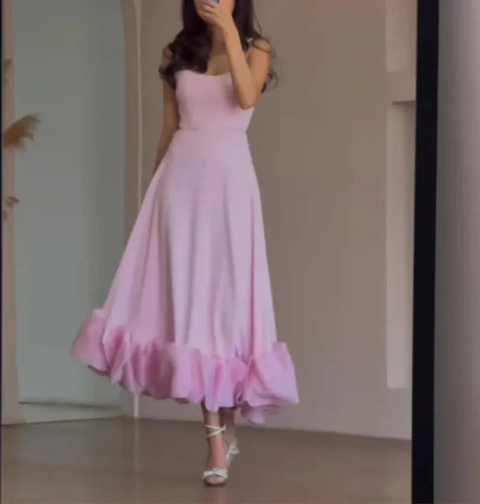Elegant Ruffle Solid Sling Long Dress Women Strap Waist Party Dresses Fashion Sleeveless Backless Beach Swing skirt A-line tutu