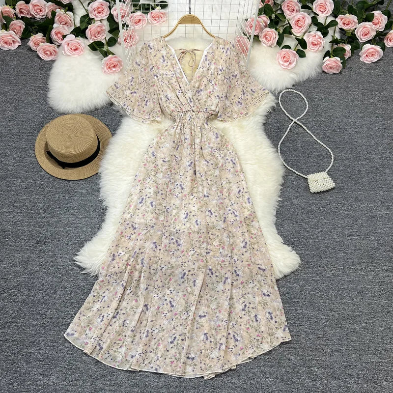 Women Chiffon Floral Long Dress Elegant Korean V Neck Short Sleeve Summer Bohemian Print Beach Dresses For Women Black