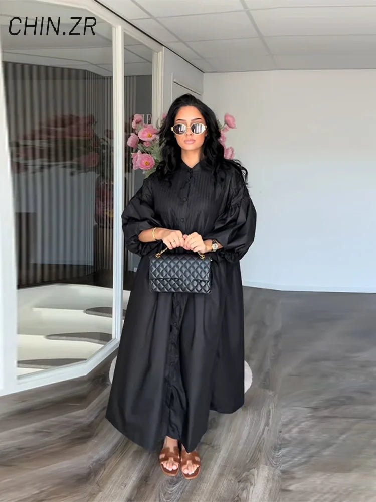 Loose Single Breasted Pleated Long Dress Women Elegant O-neck Lantern Sleeve A-line Party Dresses 2025 Summer Lady Casual Robes