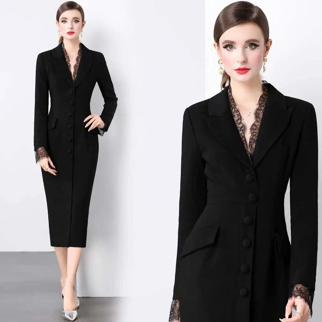 Autumn Winter Lace V Neck Long Sleeve Pencil Dress Women French Hepburn Style Single Breasted Bodycon Midi Work Dresses Lady