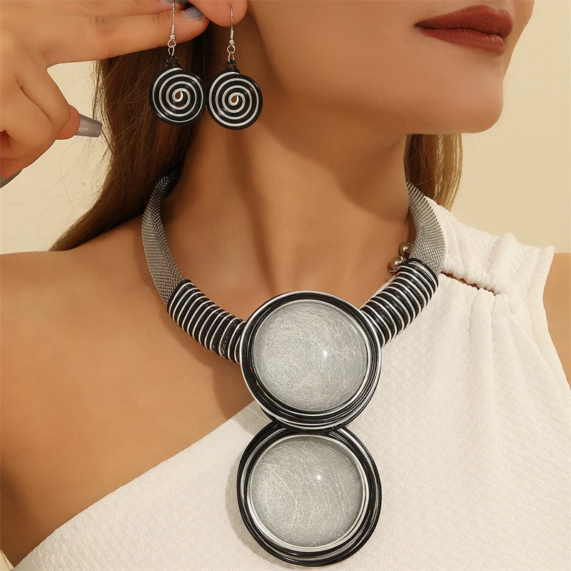 New African Colorful Round Geometry Jewelry Set Aluminium Wire Necklace Earrings Set For Women Party Wedding Dress Gifts