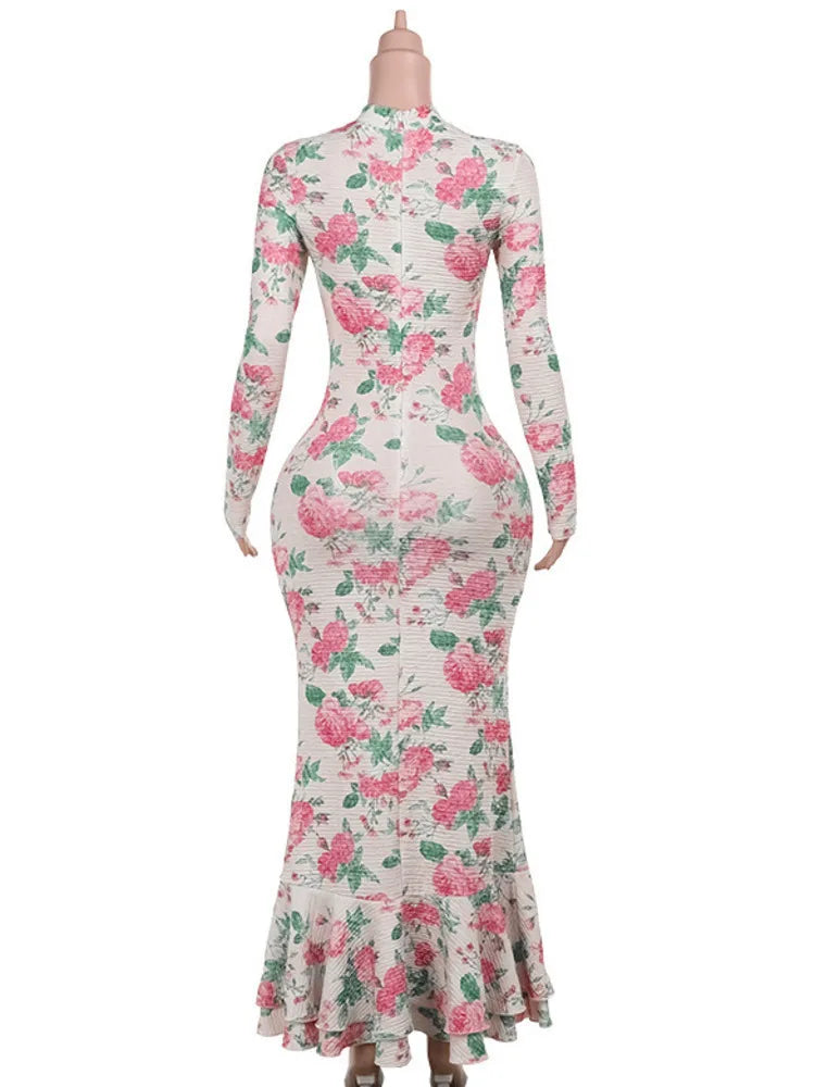 Mozision Bodycon Long Sleeve Half High Collar Print Zipper Elegant Maxi Dress Women Slim High Waist Sexy Dress Ladies Outfits