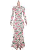 Mozision Bodycon Long Sleeve Half High Collar Print Zipper Elegant Maxi Dress Women Slim High Waist Sexy Dress Ladies Outfits
