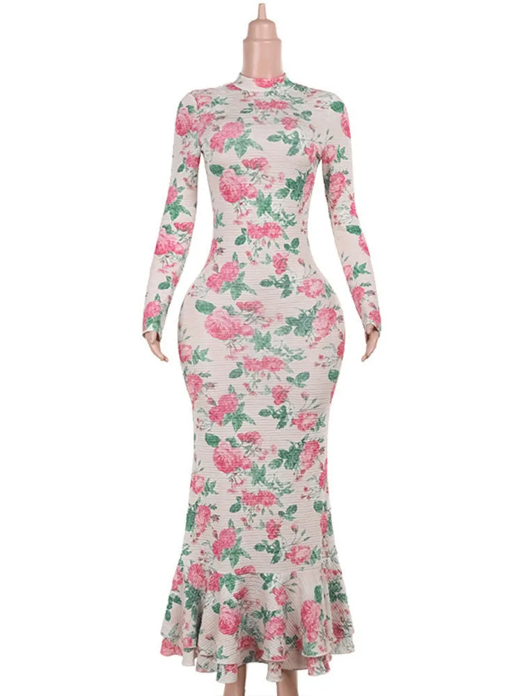 Mozision Bodycon Long Sleeve Half High Collar Print Zipper Elegant Maxi Dress Women Slim High Waist Sexy Dress Ladies Outfits