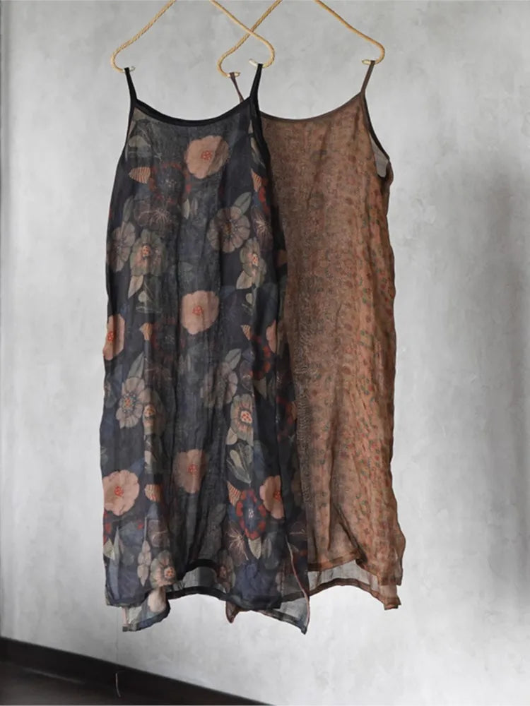 Women Loose Printed Thin Ramie Dress Ladies Vintage Printed Spaghetti Strap Dresses Female 2023 Transparent Dress Summer