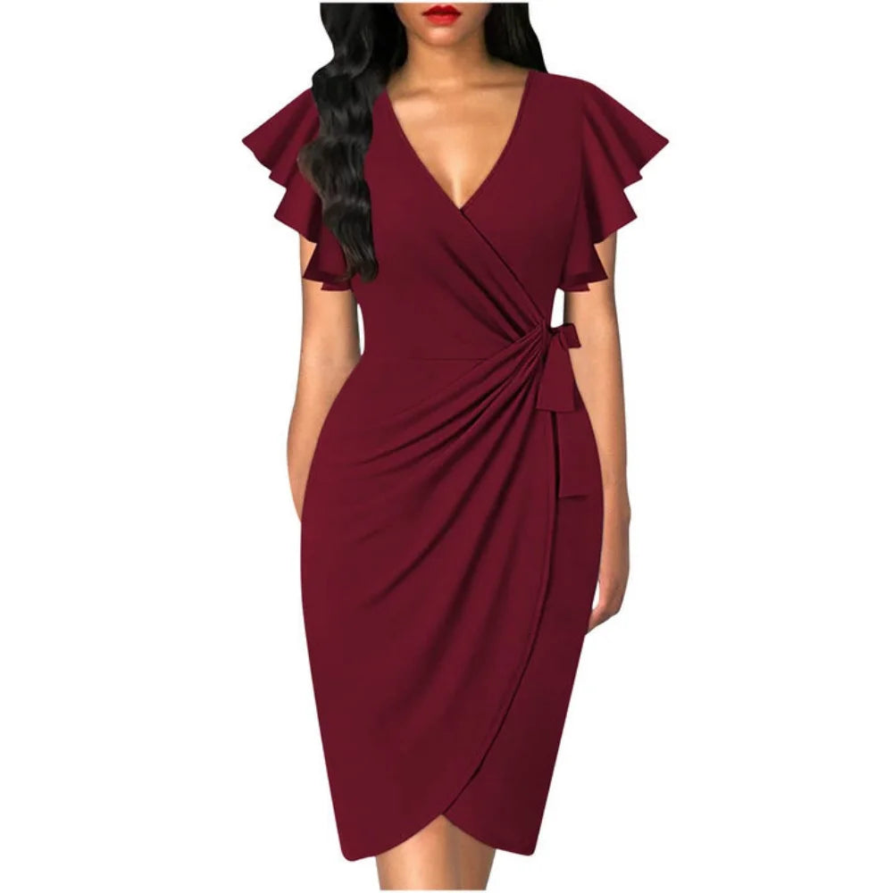 Women's Sexy Summer Dress Faux Wrap Cocktail Deep V Neck Ruffle Sleeve Ruched Detail for Party Work Formal Wedding