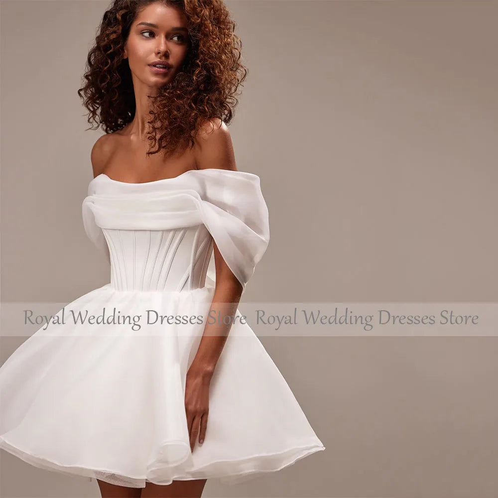 Short Wedding Dress for Bride Off the Shoulder Corset Mini Wedding Gowns White Organza A Line Lace Up Elegant Bridal Dresses