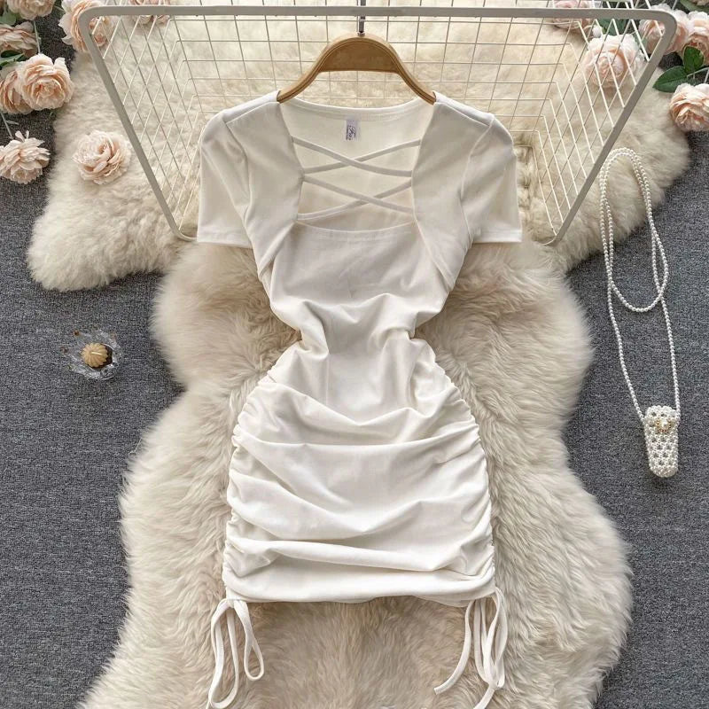 Dress Girls Summer New Square Neck Drawstring Solid Color Fashion Short Sleeved 2024 Simple Elastic Waist Fashion