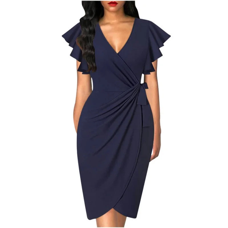 Women's Sexy Summer Dress Faux Wrap Cocktail Deep V Neck Ruffle Sleeve Ruched Detail for Party Work Formal Wedding