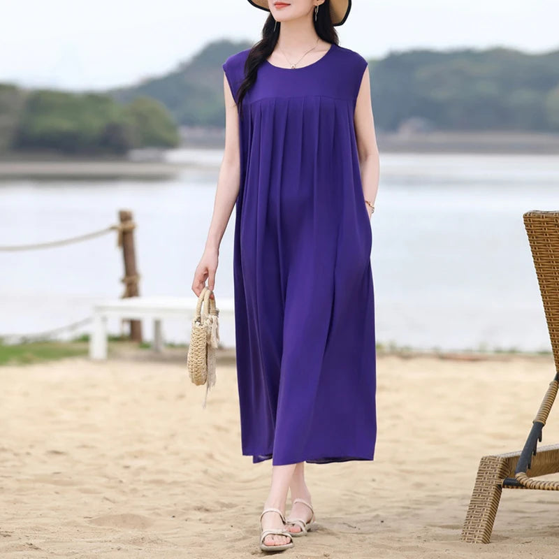 Vintage Dress Women 2025 Summer Casual Loose Long Dresses  Beach Femme Robe Vestidos Fashion Clothing Cotton Sleeveless