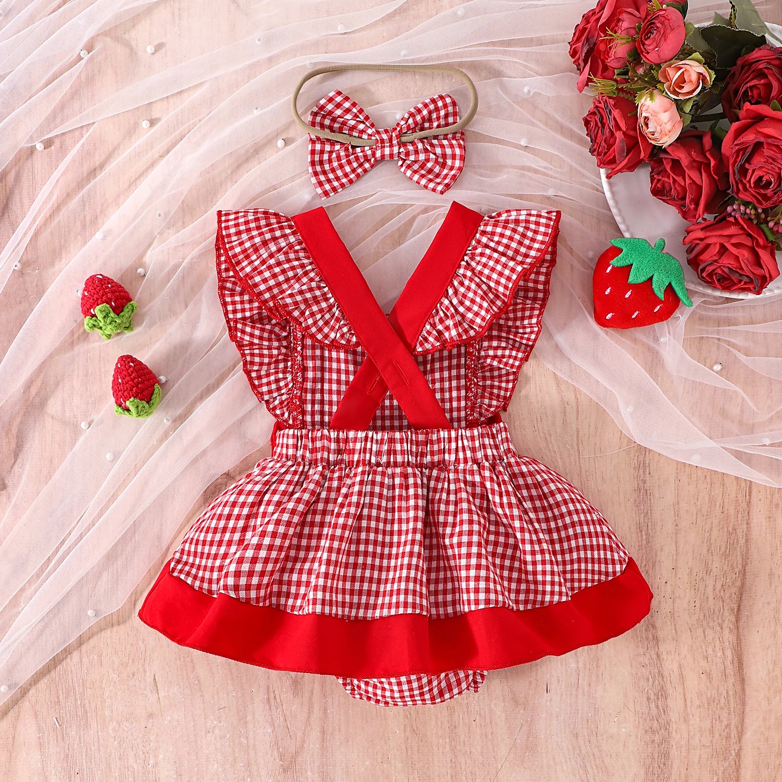 2PCS  Summer Cross-Border New Style For Girls And Babies 0-1 Years Old Sweet And Cute Red And White Plaid Dress Pants