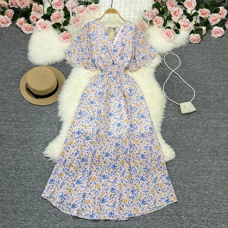 Women Chiffon Floral Long Dress Elegant Korean V Neck Short Sleeve Summer Bohemian Print Beach Dresses For Women Black