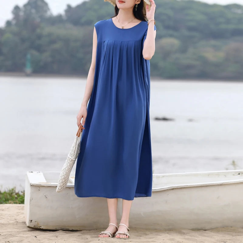Vintage Dress Women 2025 Summer Casual Loose Long Dresses  Beach Femme Robe Vestidos Fashion Clothing Cotton Sleeveless