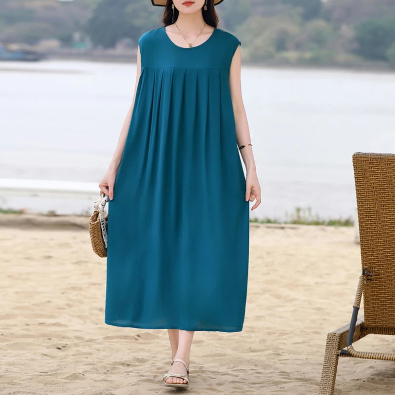 Vintage Dress Women 2025 Summer Casual Loose Long Dresses  Beach Femme Robe Vestidos Fashion Clothing Cotton Sleeveless