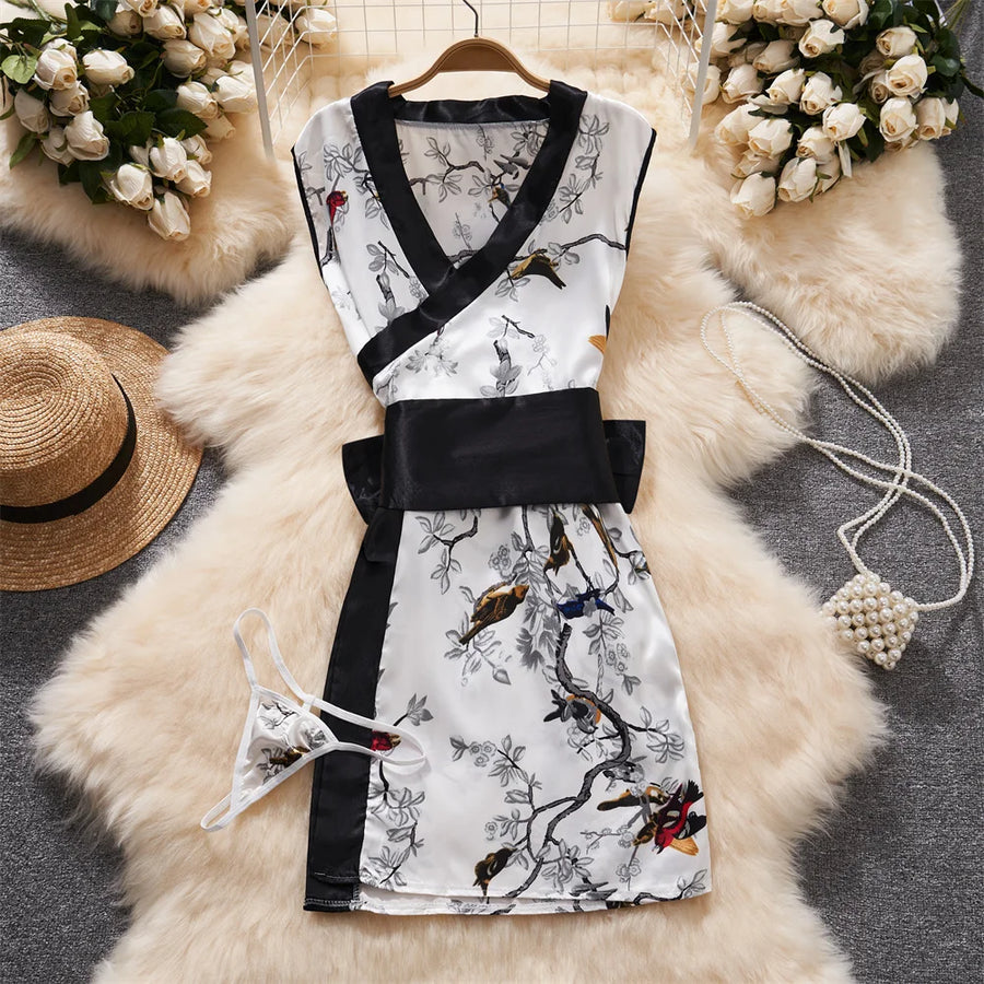 Sexy Japan Sleeveless Slim Fit Kimono Elegant Print Pajama V-Neck Irregular Short Dress Erotic Lingerie Women Hotsweet Nightgown