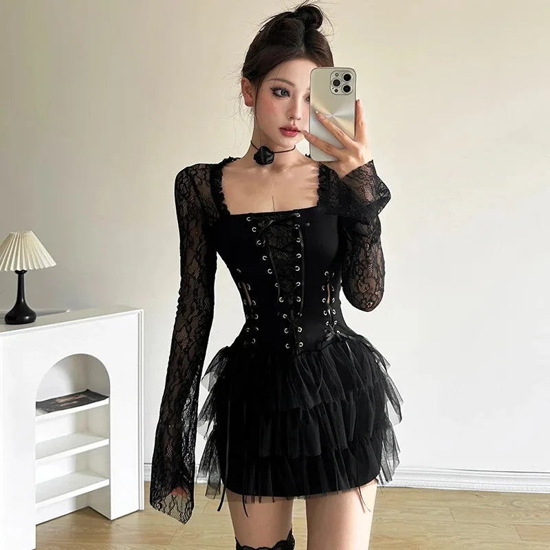 Y2K Subculture Sexy Dress Women Lace Patchwork Bandage Dark Academic Mini Dress Long Sleeve Square Collar Hotsweet Slim Dress