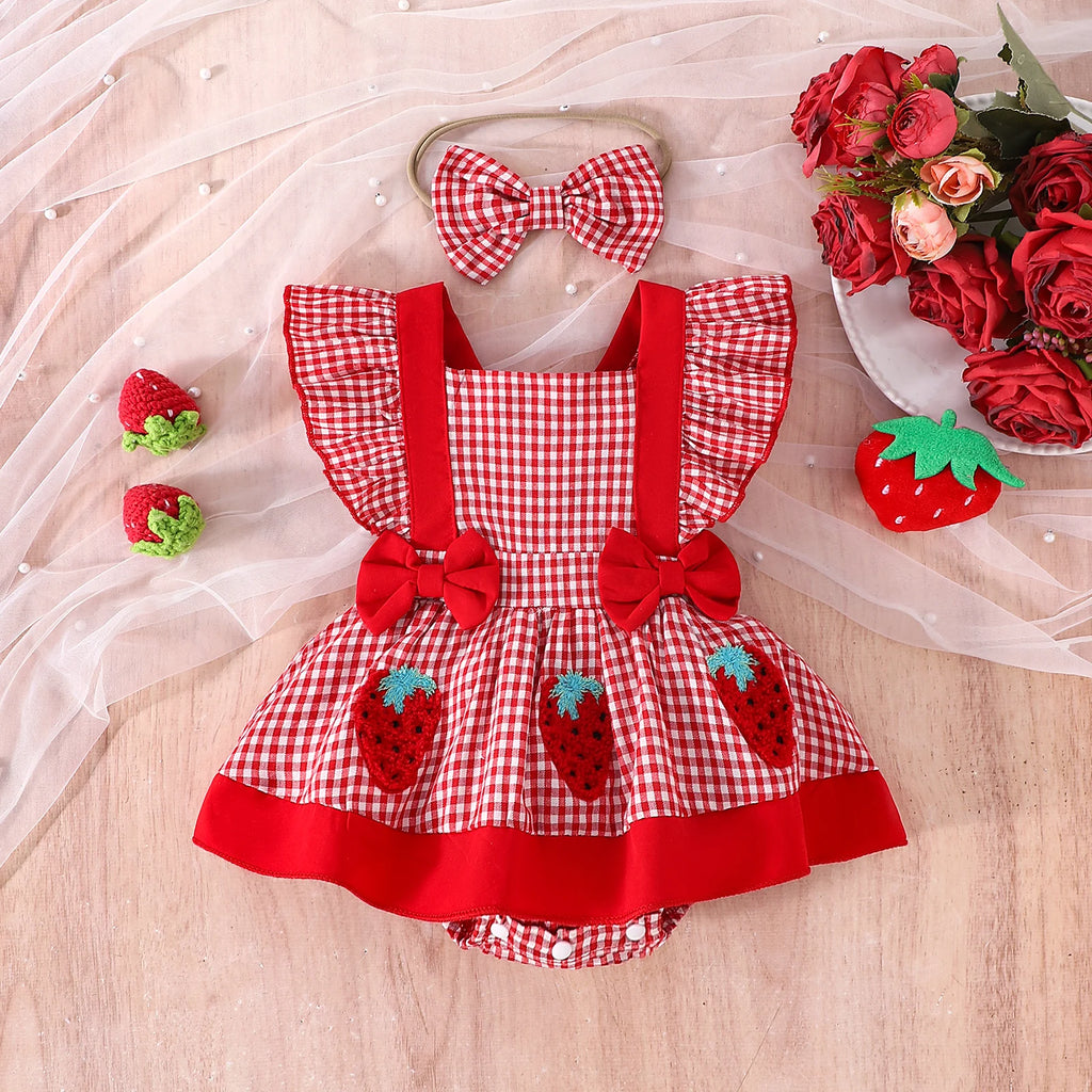 2PCS  Summer Cross-Border New Style For Girls And Babies 0-1 Years Old Sweet And Cute Red And White Plaid Dress Pants