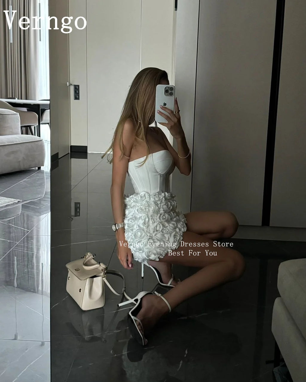 Verngo lvory Satin Mini Party Dress 3D Flowers Strapless Cocktail Dress Women Sexy Mini Celebrity Dress Prom Dress Customized