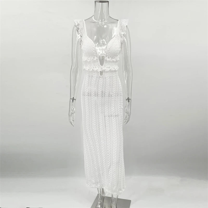 TARUXY Deep V Neck Sexy Dresses Women Sleeveless See Through High Waist Long Cover Up Dress Femme Holiday Knitted Beach Dress