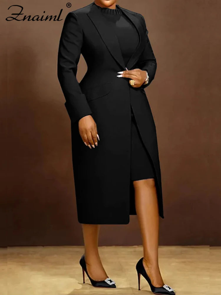 Znaiml Elegant Office Lady Long Blazer with Dress 2 Pieces Sets Woman Clothing Fashion Work Business African Streetwear Outfits