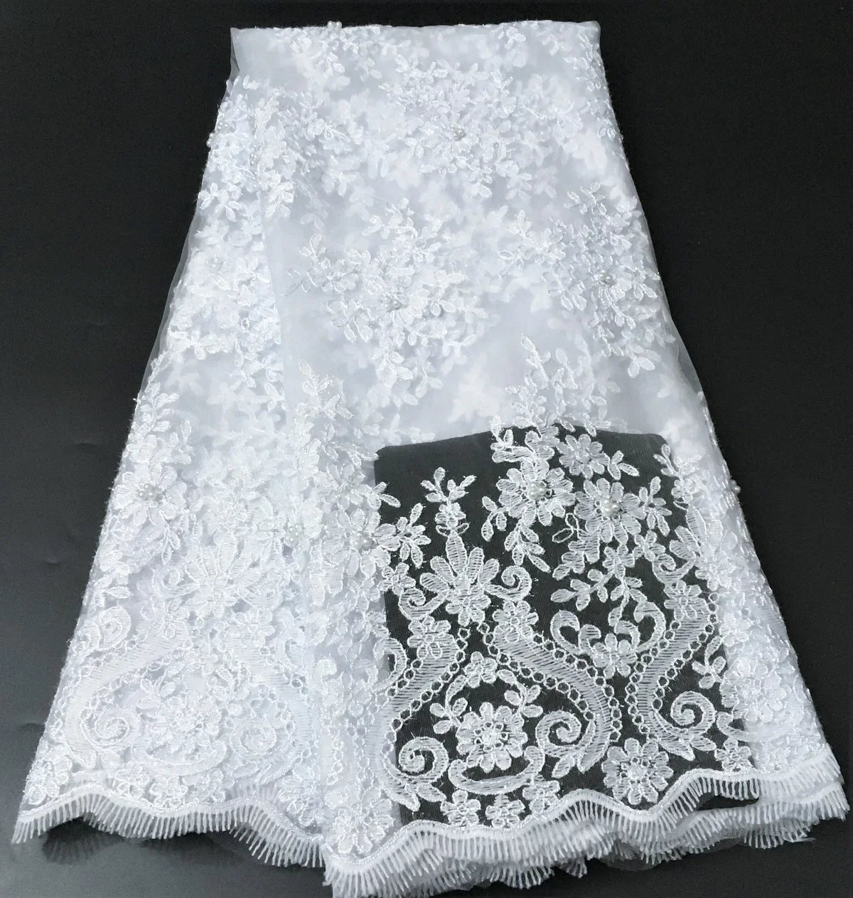 White African French Beaded Lace Fabric 2024 High Quality White Nigerian Tulle Mesh Lace Fabric For Party Wedding Dress K-D2327C