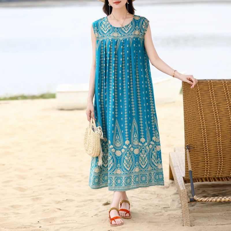 Vintage Dress Women 2025 Summer Casual Loose Long Dresses  Beach Femme Robe Vestidos Fashion Clothing Cotton Sleeveless