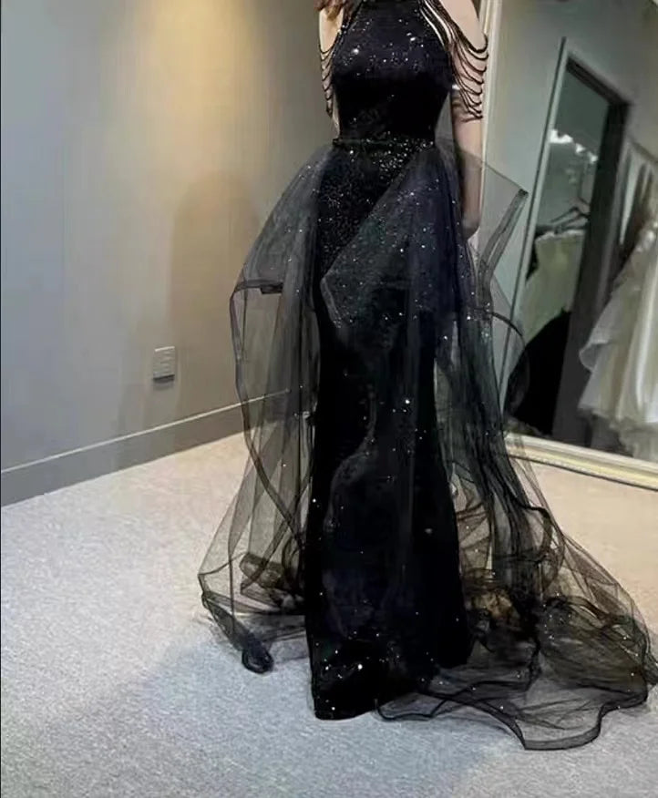 New black sequined lady girl women princess bridesmaid banquet party prom dress gown