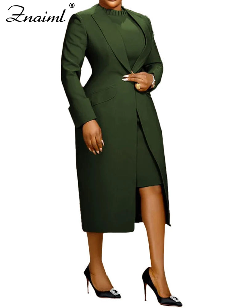 Znaiml Elegant Office Lady Long Blazer with Dress 2 Pieces Sets Woman Clothing Fashion Work Business African Streetwear Outfits