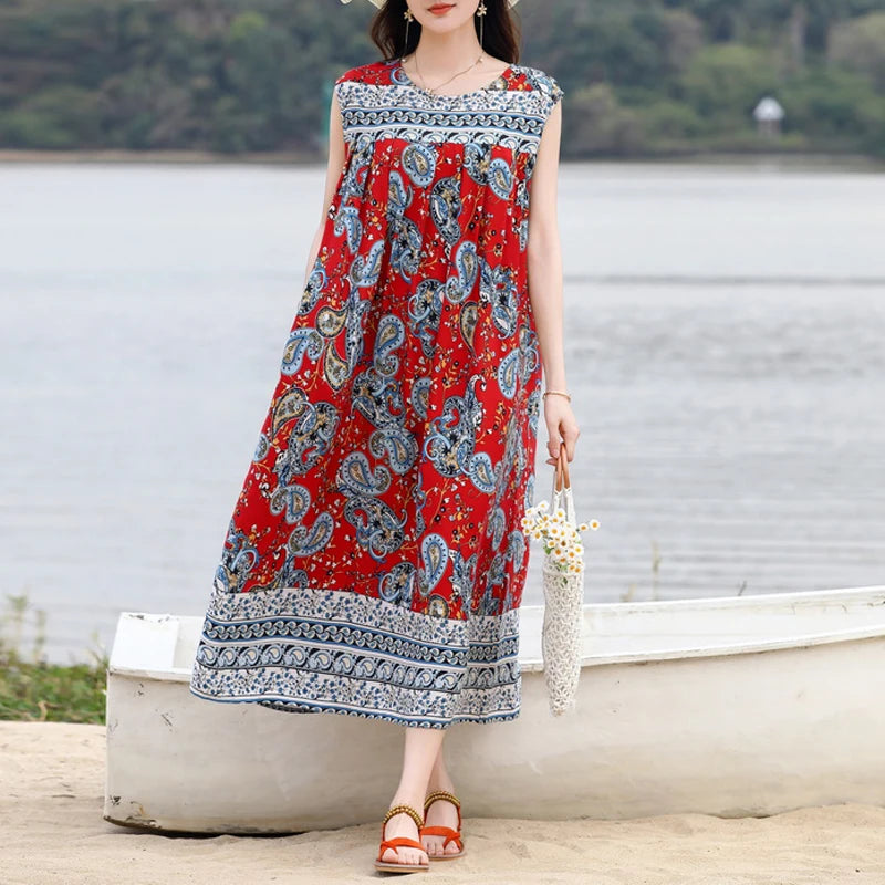 Vintage Dress Women 2025 Summer Casual Loose Long Dresses  Beach Femme Robe Vestidos Fashion Clothing Cotton Sleeveless