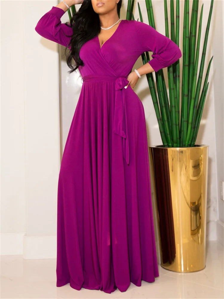 Wmstar Women's Dress Fashion Commuter Solid Color V-Neck Elastic Waist Long Sleeve Big Swing Loose Casual Oversize Long Dresses