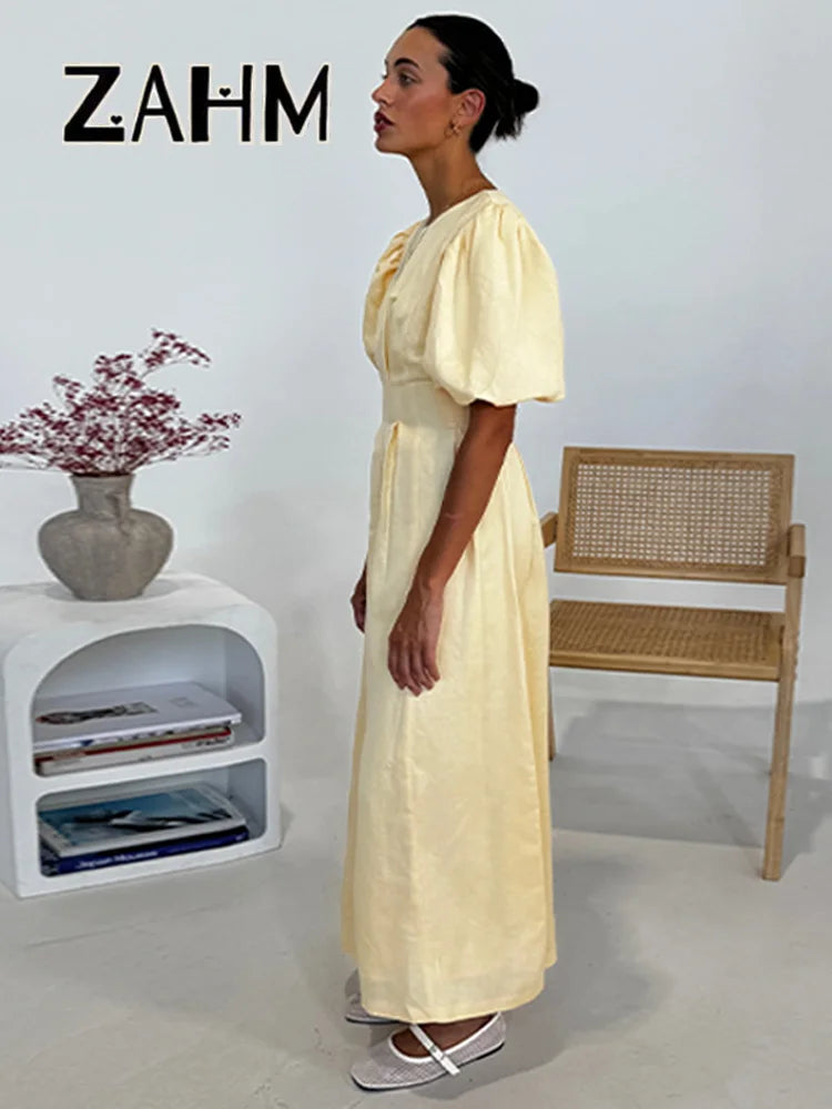 Casual Yellow Short Puff Sleeve Women Dress Loose Solid O-neck Pleated High Waist Female Maxi Dresses 2025 Summer Chic Lady Robe