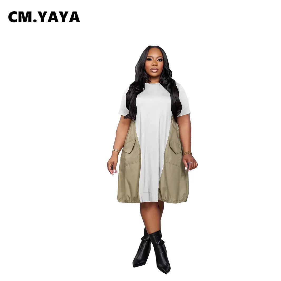 CM.YAYA Women Short Sleeve Loose Plus Size Dress 2025 Summer Street Fashion T-shirt Style Patchwork Birthday Vestidos Dresses