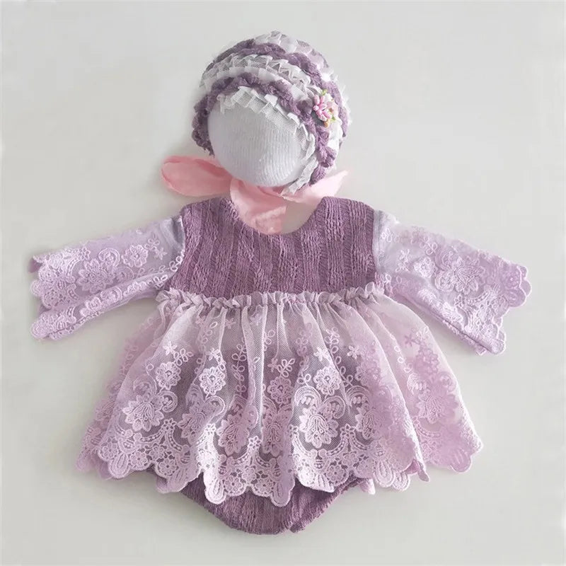 Newborn Photography Props  Newborn Hat Lace Romper Bodysuits Outfit Baby Girl Dress Photo Costume