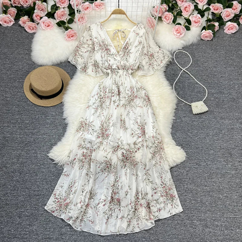 Women Chiffon Floral Long Dress Elegant Korean V Neck Short Sleeve Summer Bohemian Print Beach Dresses For Women Black