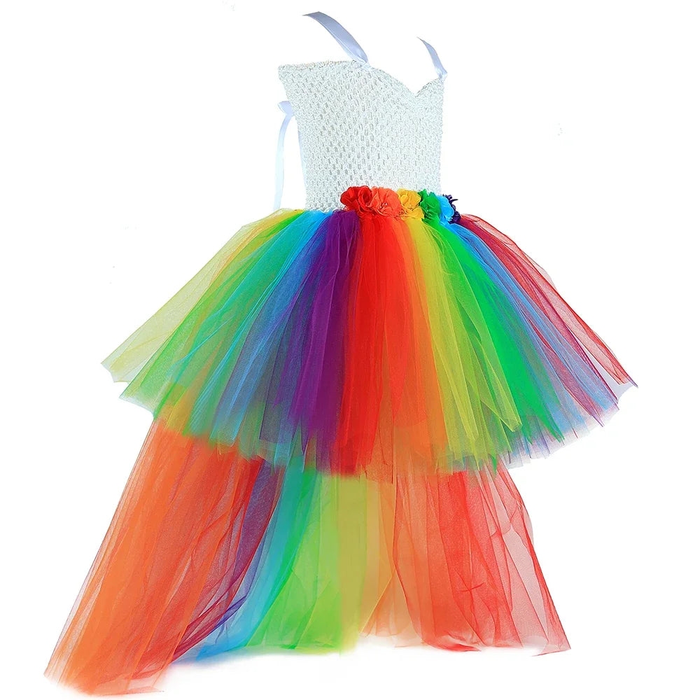 Girls Rainbow Tutu Dress V-Neck Train Flower Girl Tulle Princess Dresses Toddler Kids Birthday Party Christmas Halloween Costume