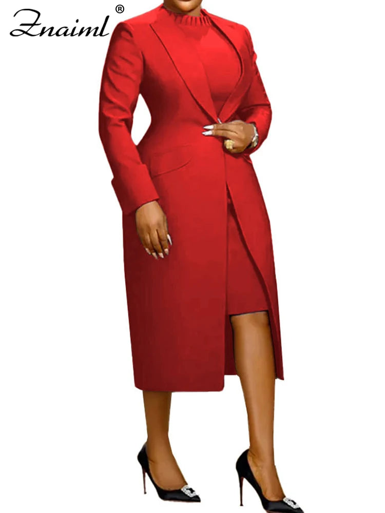 Znaiml Elegant Office Lady Long Blazer with Dress 2 Pieces Sets Woman Clothing Fashion Work Business African Streetwear Outfits
