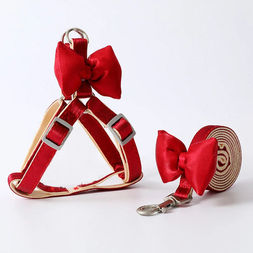 Cute Adjustable Dog Harness Leash Set with Bow for Small Medium Dogs and Cats