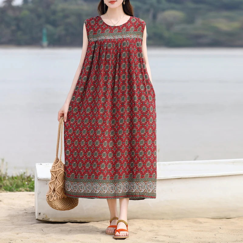 Vintage Dress Women 2025 Summer Casual Loose Long Dresses  Beach Femme Robe Vestidos Fashion Clothing Cotton Sleeveless