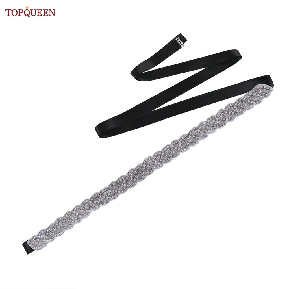 TOPQUEEN Luxury Wedding Bridal Sash Ribbon Sparkly Rhinestone Belts for Formal Dress Plus Size Diamond Belt Sash Applique  S216